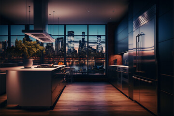 Generative AI illustration of luxury penthouse kitchen at night - obrazy, fototapety, plakaty
