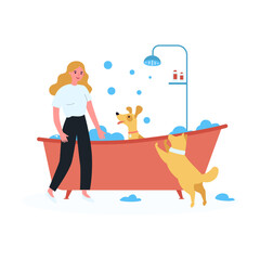 Female owner washing dogs in bathtub. Woman bathing domestic animal sitting in foamy tub flat vector illustration. Pets, hygiene, grooming concept for banner, website design