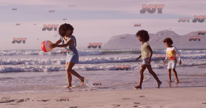 Animation of christmas greetings text over biracial woman with son and daughter on beach