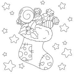 Coloring book page for kids. Christmas sock with gifts. Cartoon style character. Vector illustration isolated on white background.