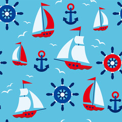 Colorful seamless pattern with sailing ship, anchor, steering wheel in flat style. Marine endless texture for fabric, baby clothes, background, textile, wrapping paper. Vector illustration.