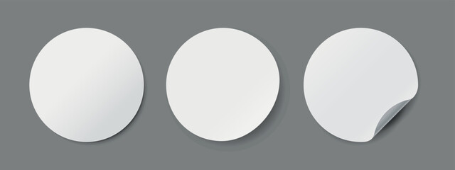 Circle adhesive sticker symbols. White tags, round paper stickers with peeling corner with shadow isolated rounded plastic mockup, realistic set round paper adhesive sticker mockup with curved corner