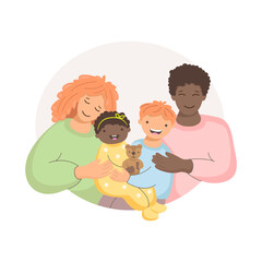 portrait of a happy family white mom, black dad, black daughter, white son, family day