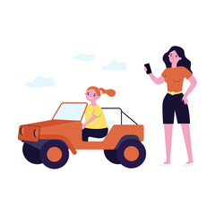 Happy daughter riding small electric car for children. Cars for kids at park flat vector illustration. Family activity, leisure, entertainment concept for banner, website design