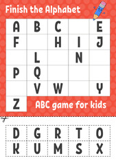 Finish the alphabet. ABC game for kids. Cut and glue. Education developing worksheet. Learning game for kids. Color activity page.