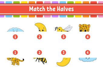 Match the halves. Education developing worksheet. Matching game for kids. Color activity page. Riddle for children. Cute character. Vector illustration. Cartoon style.