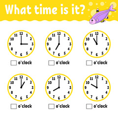 Learning time on the clock. Educational activity worksheet for kids and toddlers. Game for children. Simple flat isolated color vector illustration in cute cartoon style. Vector illustration.