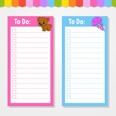To do list for kids. Empty template. The rectangular shape. Isolated color vector illustration. Funny character. cartoon style. For the diary, notebook, bookmark.