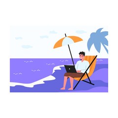 Happy man working remotely at beach. Worker with laptop sitting on chair by sea flat vector illustration. Freelancing, remote work, vacation concept for banner, website design