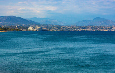 Panoramic view of French Rivera coastline at Antibes resort city harbor onshore Azure Cost of Mediterranean Sea in France