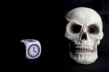 human skull miniature with an icon on a dice