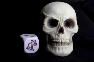 human skull miniature with an icon on a dice