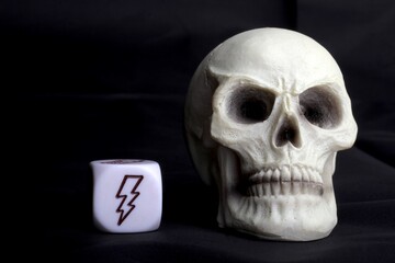 human skull miniature with an icon on a dice