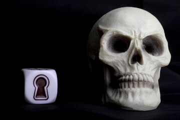 human skull miniature with an icon on a dice