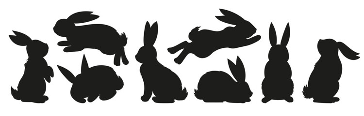 Various silhouettes bunnies, hares. Rabbit sits, sleeps and jumps. Vector illustration isolated on white.