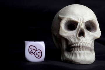 human skull miniature with an icon on a dice