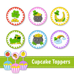 Naklejka premium Cupcake Toppers. Set of six round pictures. cartoon characters. Cute image. For birthday, baby shower. Isolated on white background. Vector illustration.