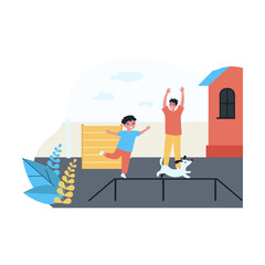 Father and son training cute puppy in backyard. Happy child playing with dog outdoors flat vector illustration. Family, pets, dog training concept for banner, website design