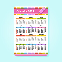 Calendar for 2023 with a cute character. Fun and bright design. Pocket size. cartoon style. Vector illustration.