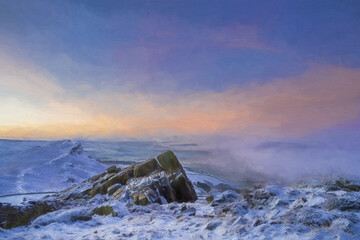Digital oil painting of a winter sunrise cloud inversion, and snow at The Roaches, Staffordshire