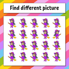 Find different picture. Educational activity worksheet for kids and toddlers. Game for children. Vector illustration.