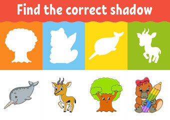 Find the correct shadow. Education worksheet. Matching game for kids. Color activity page. Puzzle for children. cartoon character. Isolated vector illustration.