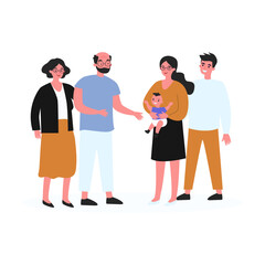 Happy parents showing newborn to grandparents. Baby, grandpa, grandma flat vector illustration. Family and parenthood concept for banner, website design or landing web page