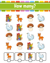 Counting game for children. Happy characters. Learning mathematics. How many object in the picture. Education worksheet. With space for answers. Vector illustration.