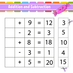 Addition and subtraction. Task for kids. Cut and paste. Education developing worksheet. Activity page. Game for children. Funny character. Isolated vector illustration. cartoon style.