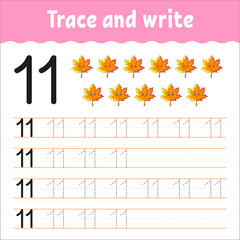 Learn Numbers. Trace and write. Handwriting practice. Learning numbers for kids. Education developing worksheet. Color activity page. Vector illustration.