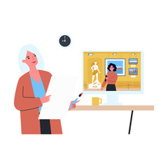 Female artist watching museum exhibition online. Guide on computer screen presenting exhibits flat vector illustration. Technology, online gallery concept for banner