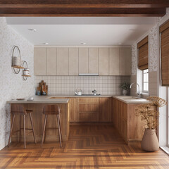 Farmhouse kitchen in white and beige tones. Wooden cabinets, island with stools, parquet floor. Modern interior design