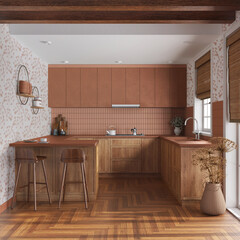 Farmhouse kitchen in white and orange tones. Wooden cabinets, island with stools, parquet floor. Modern interior design