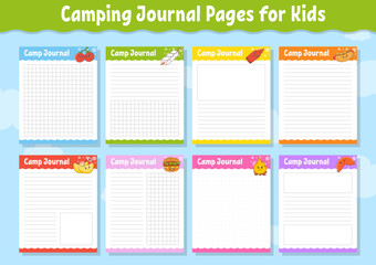 Lined sheet template for camp journal. Handwriting paper. For diary, planner, checklist, wish list. With cute character. Vector illustration.