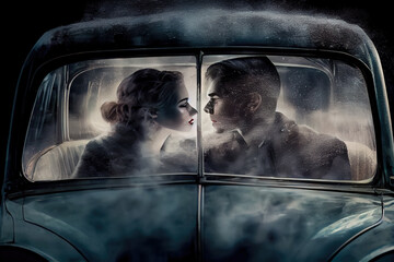 Young couple kissing in car at night