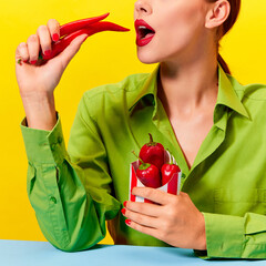 Cropped image of young woman in vintage green jacket and red lipstick eating red chilli pepper over yellow background. Spicy food. Food pop art photography.