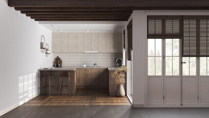 Rustic dark wooden kitchen in white and beige tones. Cabinets, island with stools, parquet floor. Door and window. Farmhouse interior design