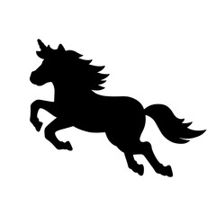 Magic unicorn. Fairy horse. Black silhouette. Design element. Vector illustration isolated on white background. Template for books, stickers, posters, cards, clothes.