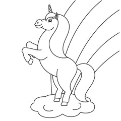 Coloring book for kids. The magical unicorn reared up. The animal horse stands on its hind legs. Cartoon style. Simple flat vector illustration.
