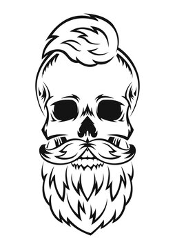 Human skull with beard and mustache. Black silhouette. Design element. Hand drawn sketch. Vintage style. Vector illustration.