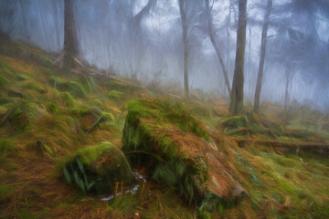 Digital painting of woodland winter mist and fog at The Roaches, Staffordshire.