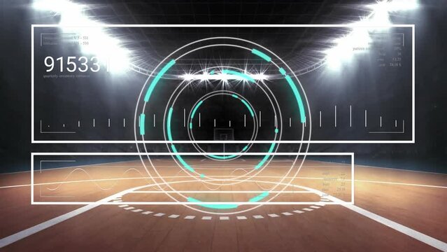 Animation of golden confetti falling over round scanner and data processing against basketball court