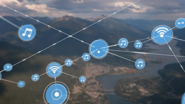 Animation of network of connections with icons over landscape