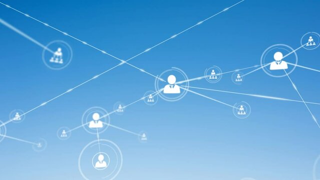Animation of network of connections with people icons over blue sky