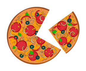 Appetizing pizza with salami, olives, sweet pepper. Slice of pizza. Tasty food. Lunch menu at the pizzeria. Cartoon vector outline illustration isolated on white background. Top view