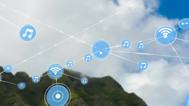 Animation of network of connections with icons over landscape