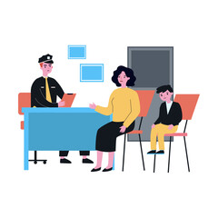 Mother talking to police officer about son. Upset boy in policeman office, mom solving problem flat vector illustration. Family, children behavior concept for banner