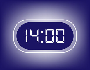 14:00 Hours alarm design. Icon of alarm clock setting appointment time. Clock with digital numbers on blue gradient background
