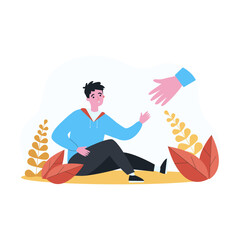 Huge hand offering help to boy sitting on ground. Fallen male character reaching for help flat vector illustration. Assistance, community, friendship concept for banner