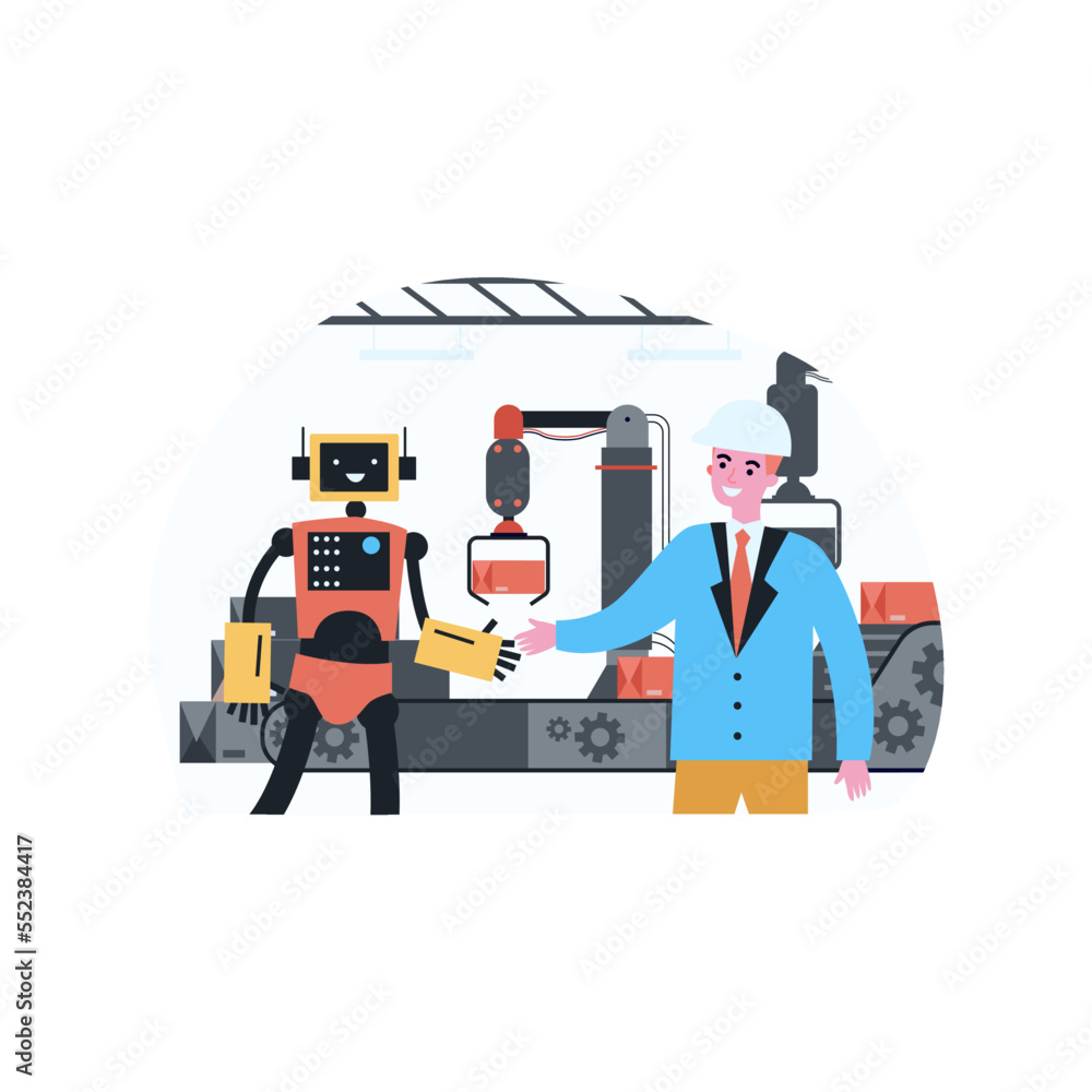 Poster man in suit and helmet shaking hands with robot at factory. flat vector illustration. robots working